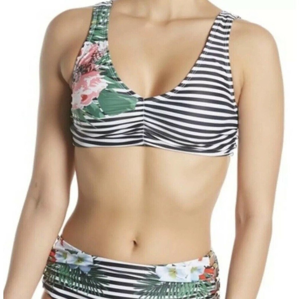 NEW‎ Nicole Miller Bikini Top Women 10 Black White Stripe Floral Gold Bead Swim